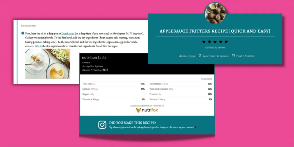 Screenshots showing Jenna’s Tasty Recipes card and Nutrifox label on her food blog