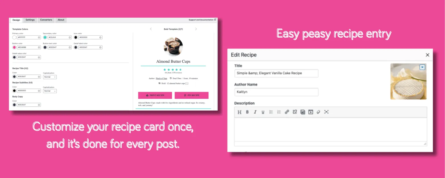 A graphic showing a recipe cards template and customization settings for Tasty Recipes.
