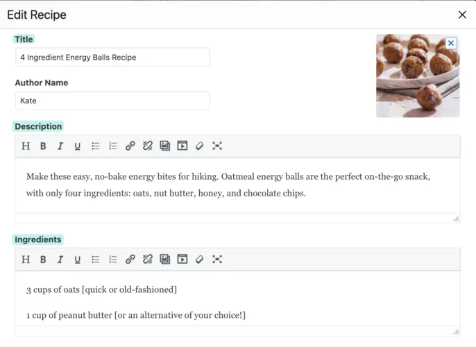 Tasty Recipes Edit Recipe card in WordPress showing title, author name, description, and ingredients fields filled out for a 4 Ingredient Energy Balls Recipe