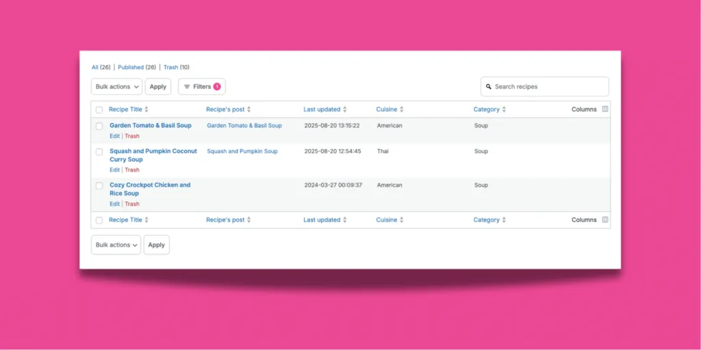 Recipe Explorer in WordPress showing filtered results for soup recipes, with columns for recipe title, linked blog post, last updated date, cuisine, and category.