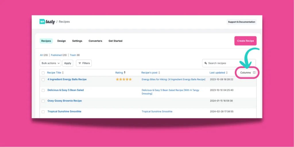 WordPress Recipe Explorer dashboard showing the “Columns” button highlighted with an arrow, where users can add or remove details like rating, cuisine, or author.