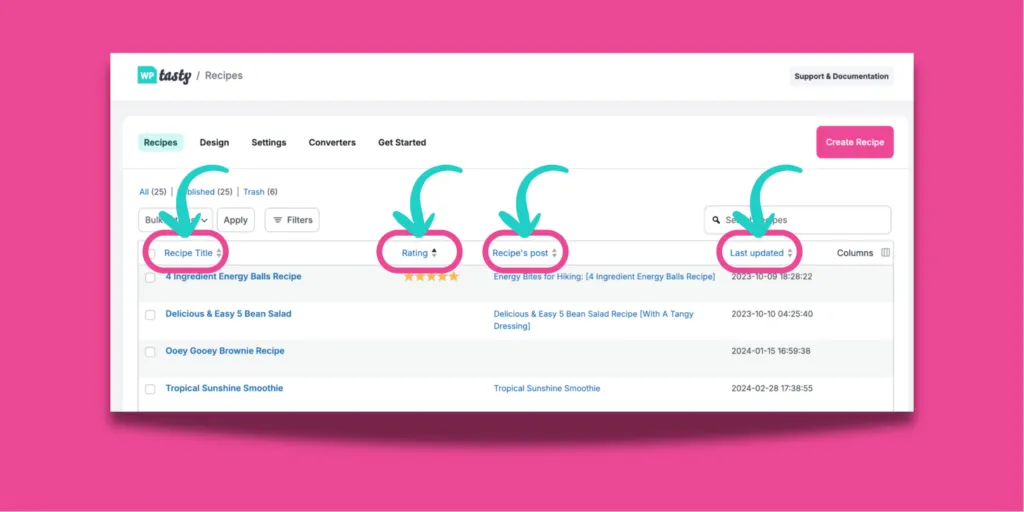Recipe Explorer in WordPress with arrows highlighting sortable columns: Recipe Title, Rating, Recipe’s Post, and Last Updated.