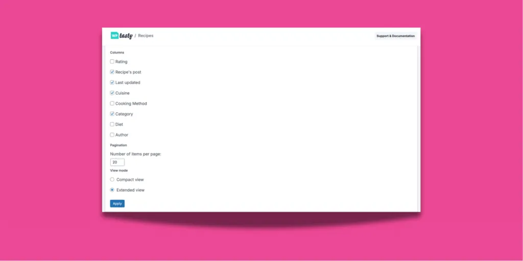 Recipe Explorer column display settings in WordPress, showing options to add or remove fields like Rating, Cuisine, or Author, adjust pagination, and switch between compact or extended view.