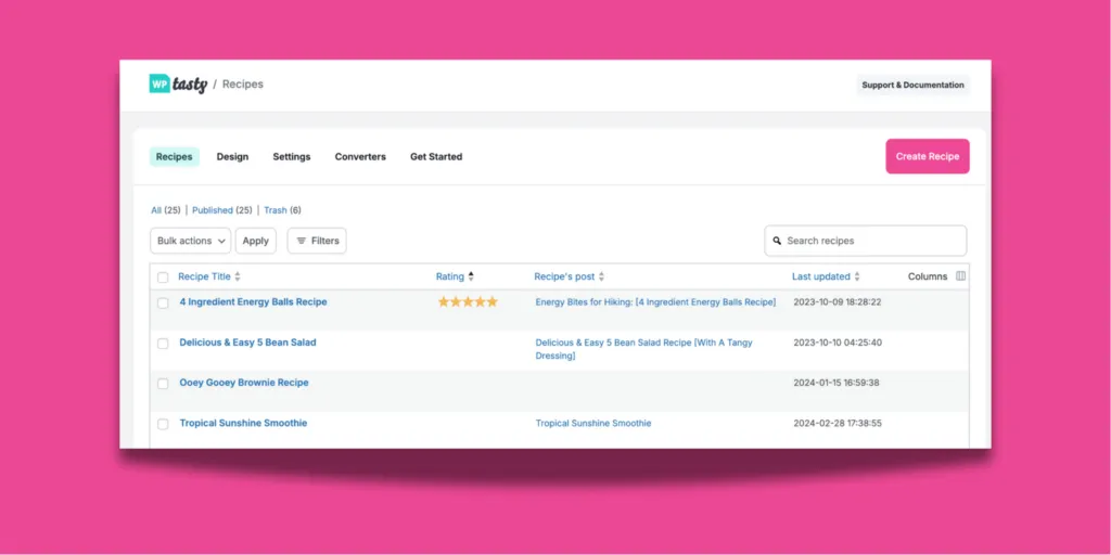 Screenshot of the Recipe Explorer dashboard in WordPress showing a list of recipes with titles, ratings, parent posts, and last updated dates. The Create Recipe button is highlighted in pink.