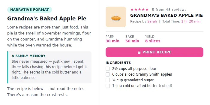 A narrative recipe format combines personal storytelling with a standard recipe card.