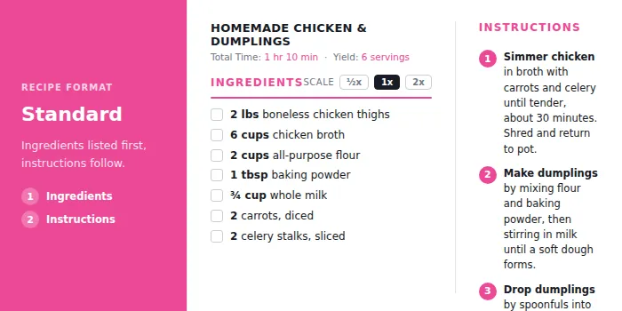 The standard recipe format lists ingredients first, followed by step-by-step instructions.
