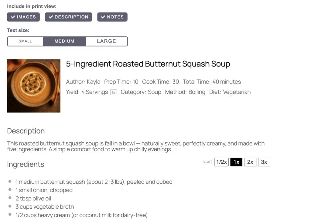 Printable recipe view showing 5-Ingredient Roasted Butternut Squash Soup with ingredients and scaling options. 1x is the chosen serving adjustment in this image.