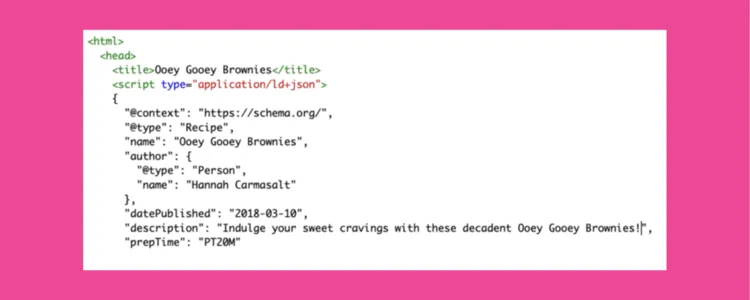 A screenshot showing what recipe schema markup looks like