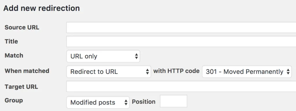 A screenshot setting up a redirect after updating a permalink in the Redirection Plugin