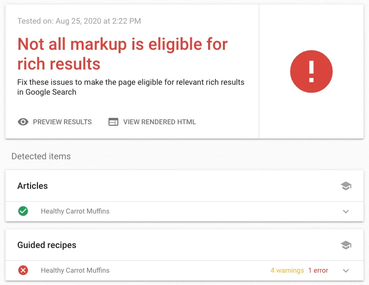 rich results test with errors