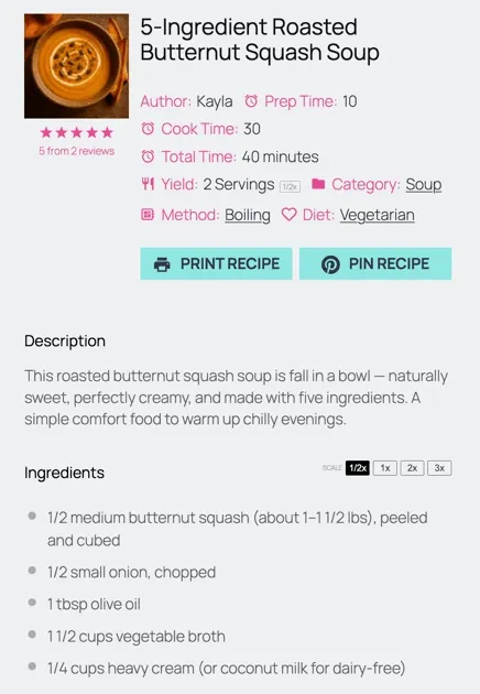 A gif of a Tasty Recipes recipe card showing how easily you can toggle recipe servings