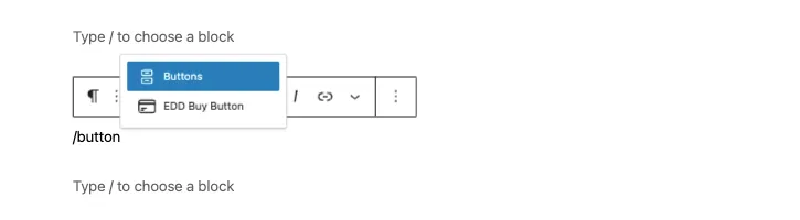 WordPress editor showing the button block selection menu after typing '/button'.