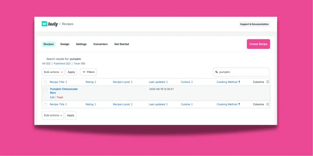 Screenshot of Recipe Explorer in WordPress showing a search for ‘pumpkin.’ The results display one saved recipe titled Pumpkin Cheesecake Bars with options to edit or trash.