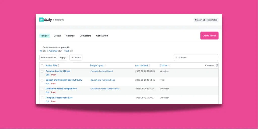 Recipe Explorer dashboard in WordPress showing search results for “pumpkin,” including Pumpkin Zucchini Bread, Squash and Pumpkin Coconut Curry, Cinnamon Vanilla Pumpkin Roll, and Pumpkin Cheesecake Bars.