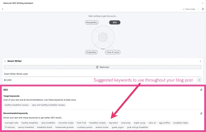 An image showing the keyword tool (Semrush SEO Writing Assistant) I use monitor which keywords I use when writing a blog post.