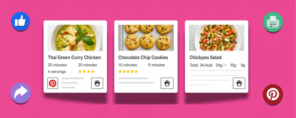Recipe card examples with share, print, and Pinterest icons