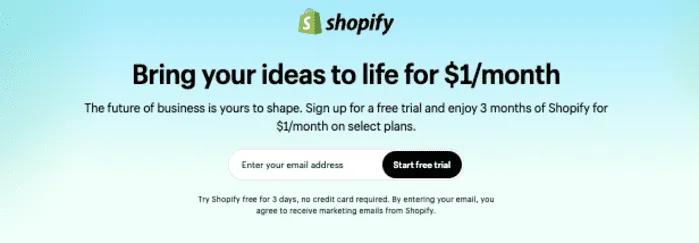 A screen shot of Shopify's home page. Shopify is the best website builder for food bloggers who sell.