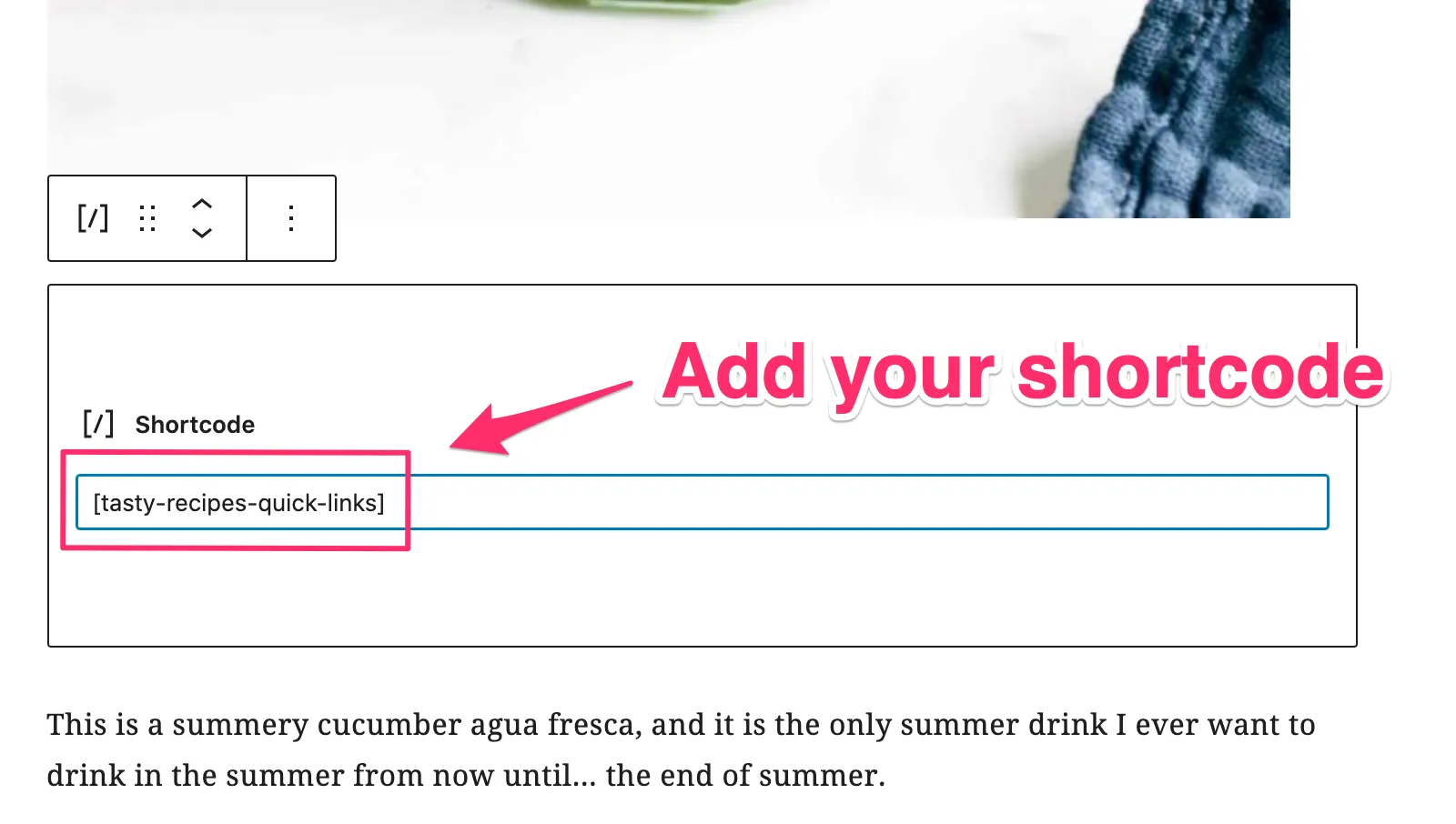 tasty-recipes-quick-links shortcode in block