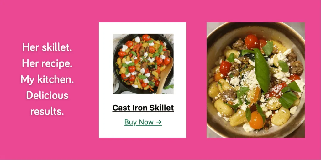 Meryl’s Tasty Links featured block for a cast iron skillet with a Buy Now button, and a homemade bowl of her Italian Sausage Gnocchi Skillet recipe.