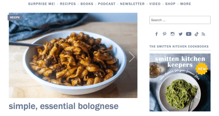 A screenshot example of the "Surprise Me" feature on Smitten Kitchen's WordPress food blog.