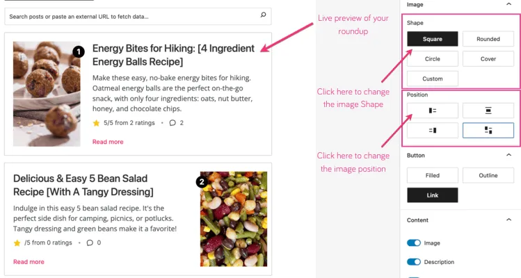 Tasty Roundups 2.0 interface showing a live preview of a recipe roundup with settings for image shape and position, including Square, Rounded, Circle, Cover, and alignment options.
