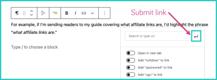 WordPress editor showing link options and the submit link button highlighted for adding a URL.