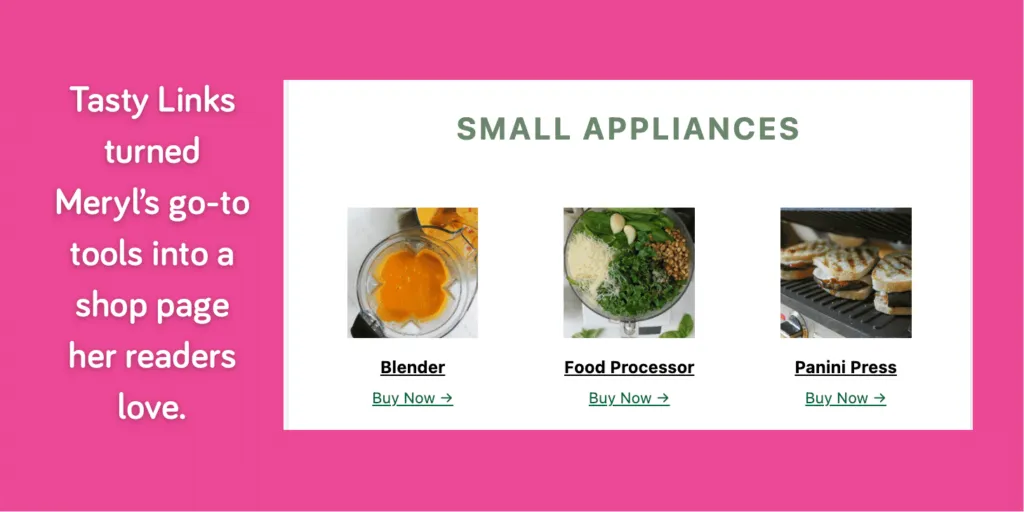 Screenshot of Meryl’s Sungrown Kitchen resource page built with Tasty Links, showing her go-to kitchen tools like blender, food processor, Dutch oven, and more