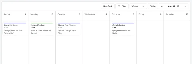 Weekly content calendar with scheduled tasks for social media, including behind-the-scenes, featured product, and lifestyle content.