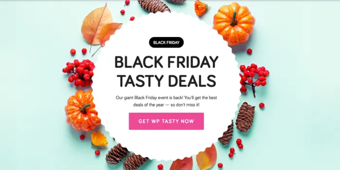 Colorful Black Friday WP Tasty promo graphic with pumpkins, berries, and a “Tasty Deals” badge.