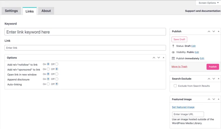 WordPress Tasty Links settings page showing fields for keywords, link, and customization options.