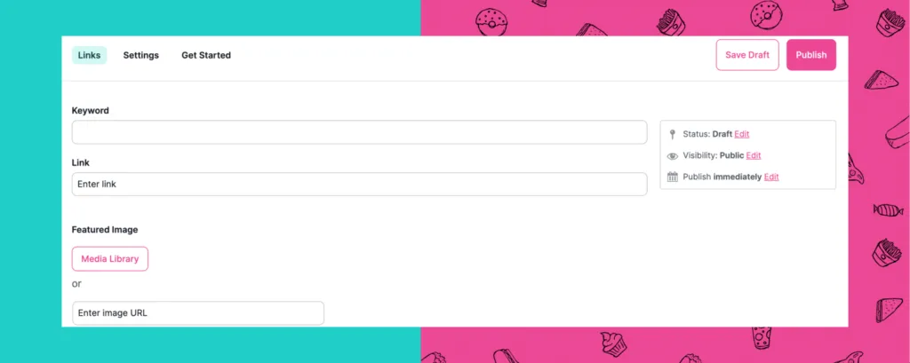Updated Tasty Links editor screen with improved spacing and new featured image field for individual link customization.