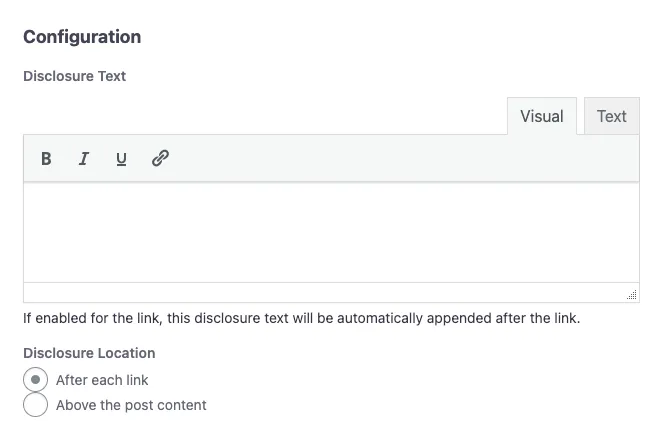 Tasty Links affiliate disclosure settings tab