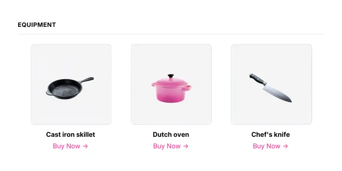 Tasty Recipes equipment section with cast iron skillet, Dutch oven, and chef's knife Tasty Links affiliate links and images from the Amazon Creators API