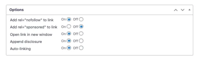 Options panel in Tasty Links showing toggle settings for nofollow, sponsored, new window, disclosure, and auto-linking.