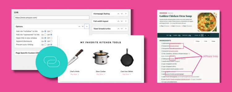 a graphic showing Tasty Links setup and affiliate links in recipe post