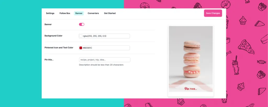 Tasty Pins Banner tab with updated layout showing preview of “Pin This…” overlay and new color customization options.