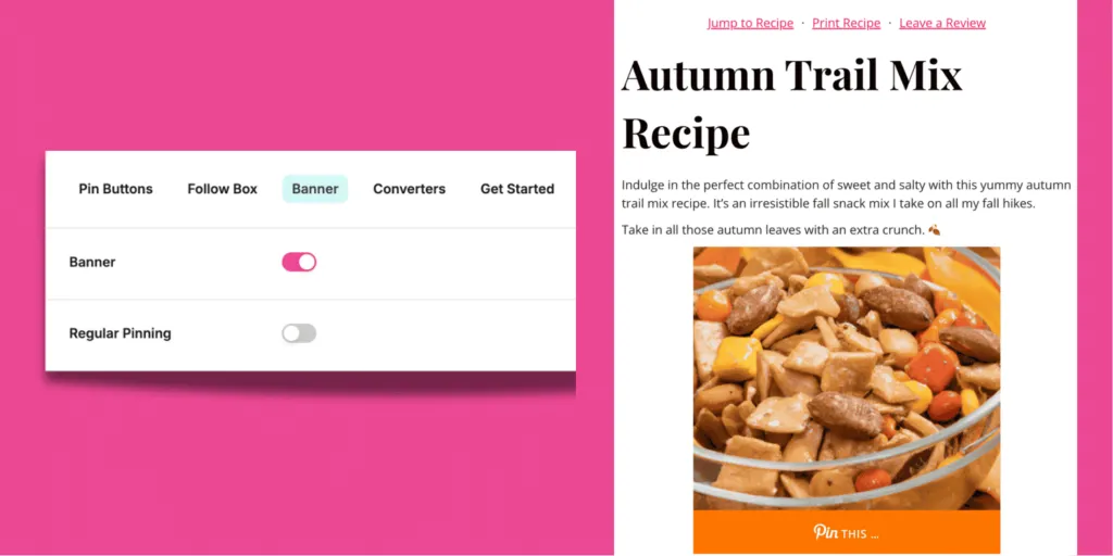 An image showing a screenshot of Tasty Pins' Pinterest Banner flipped on and a preview of what it looks like in a blog post