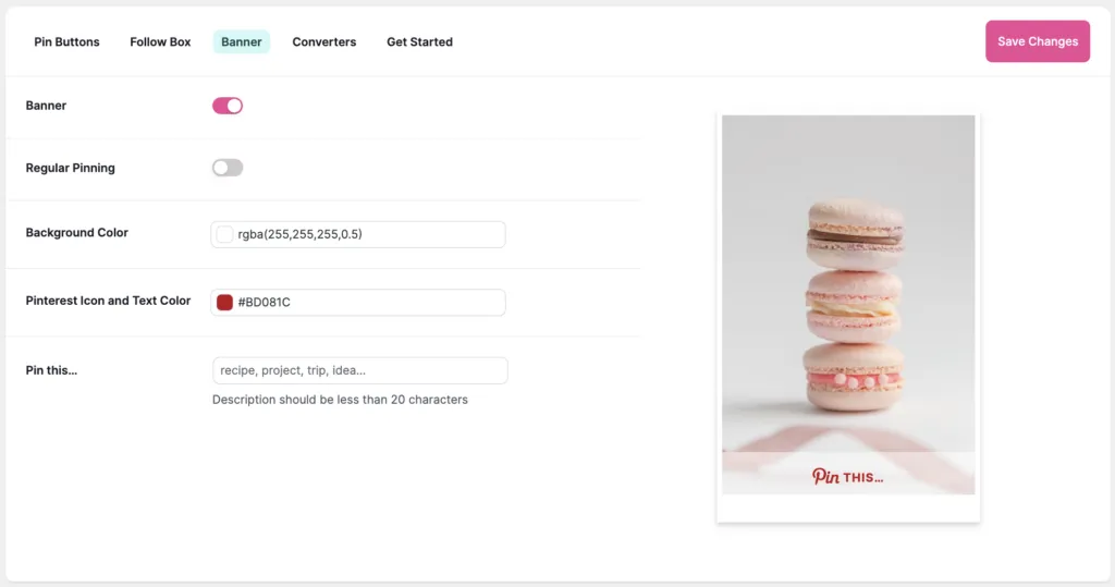 Inside the Tasty Pins Settings, you can find the Banner tab. It allows users to add a custom banner to the bottom of their first image in their posts.