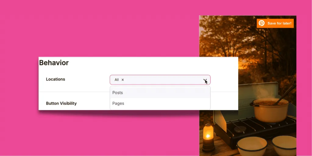 Locations menu open (Posts/Pages options) with a campsite photo showing the Save button overlay.