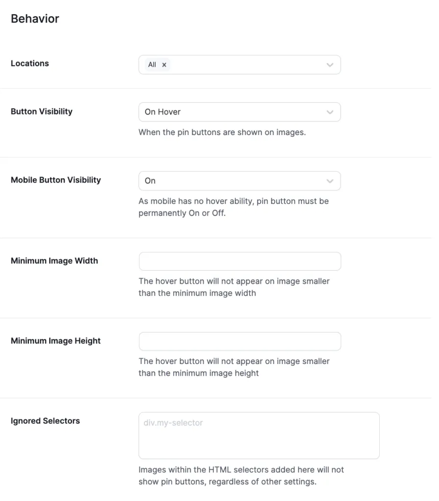 Tasty Pins Dashboard - Pin Buttons Page with Behavior Settings