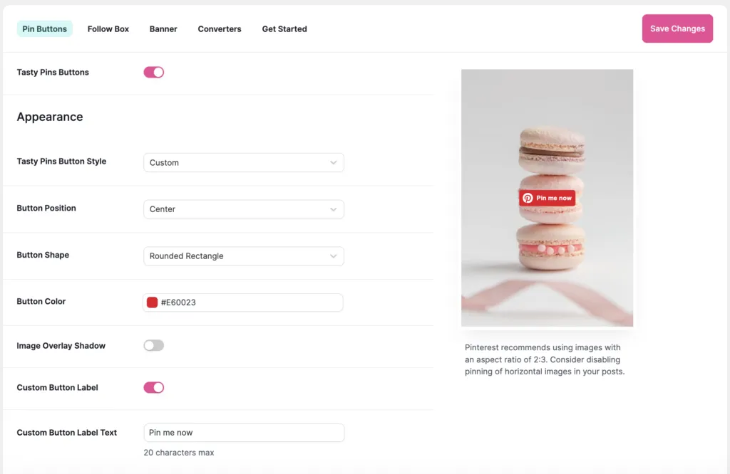 Tasty Pins Dashboard - Pin Buttons Page with Appearance Settings