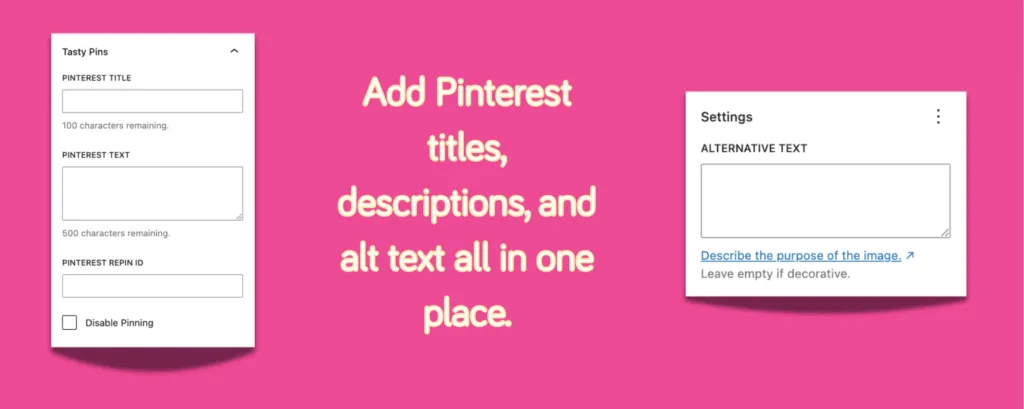 Tasty Pins and WordPress alt text fields side by side for Pinterest title, description, and accessibility control