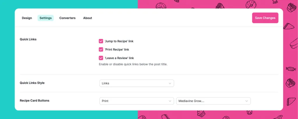 Tasty Recipes Settings tab showing updated interface for Quick Links, button styles, and feature toggles.
