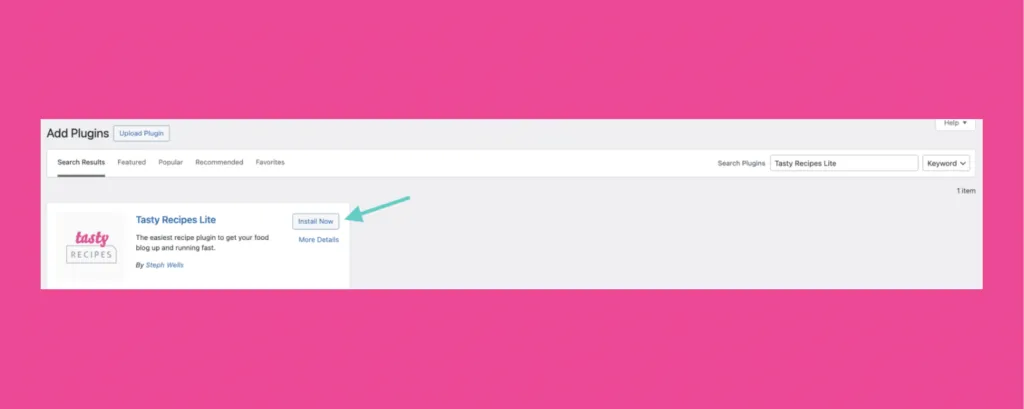 A graphic showing how to Install Tasty Recipes lite from the WordPress repository