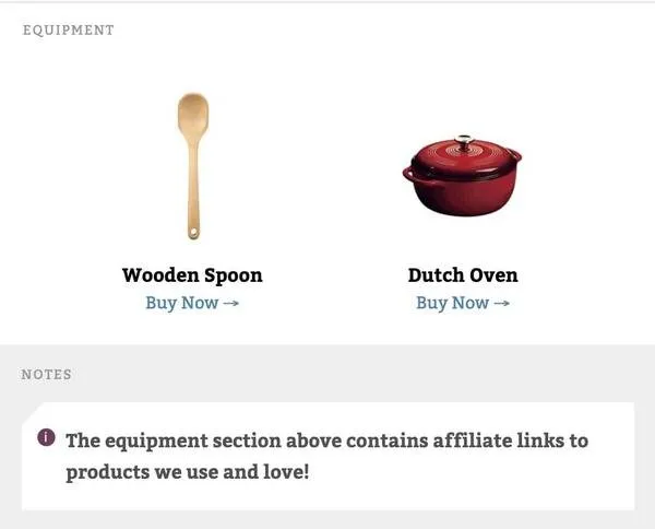 An image showing a recommended products section in a recipe card with Tasty Links integration with Tasty Recipes