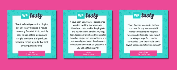 A graphic showing three customer testimonials about how Tasty Recipes helped them grow a blog.
