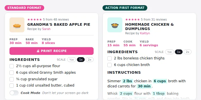 Two Tasty Recipes recipe cards showing standard and action first recipe formats side by side.