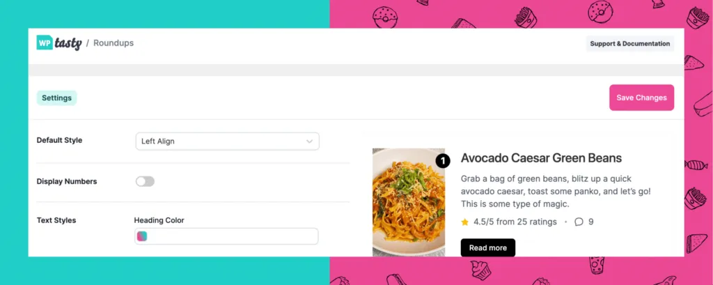 Tasty Roundups Settings tab displaying the redesigned style settings and live preview of a roundup block with recipe content.