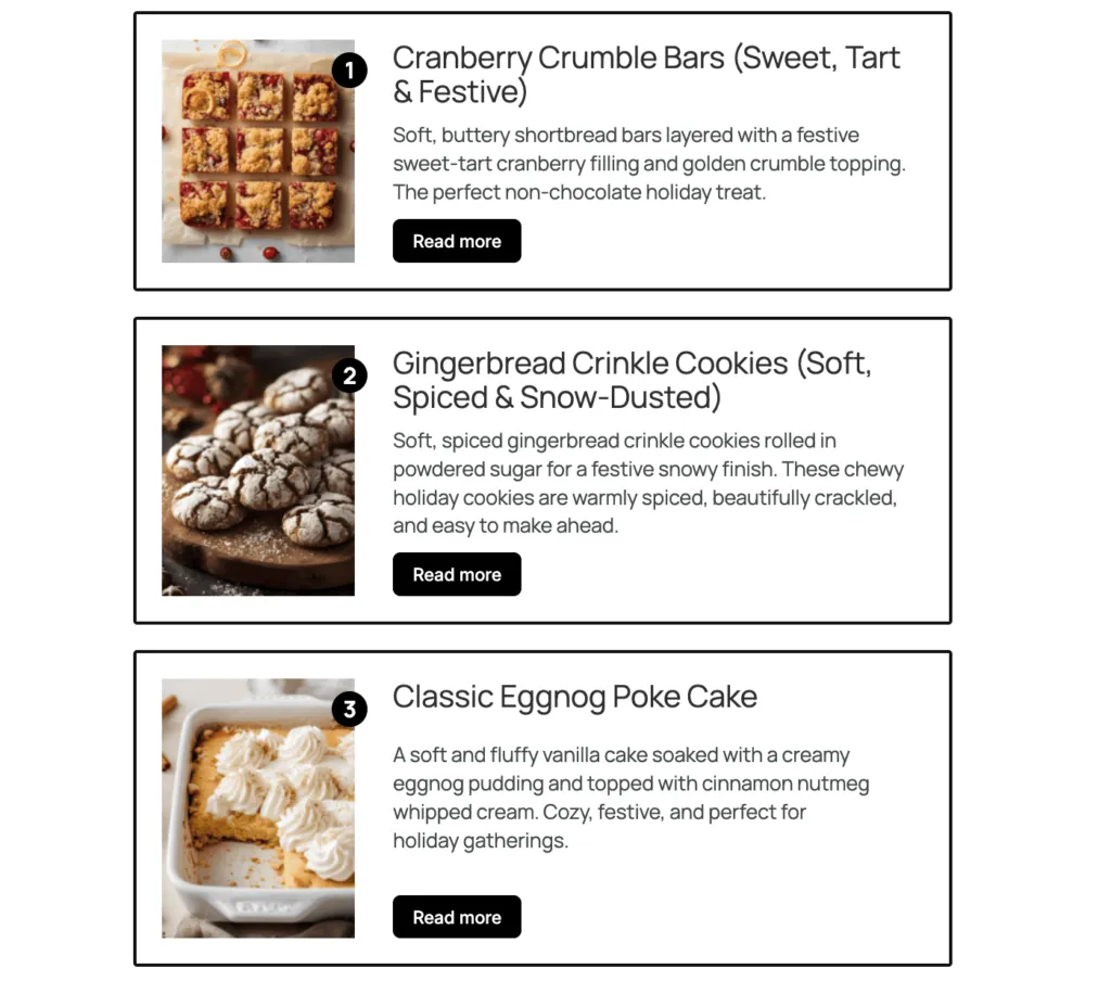 Holiday dessert roundup featuring cranberry bars, gingerbread cookies, and eggnog cake.