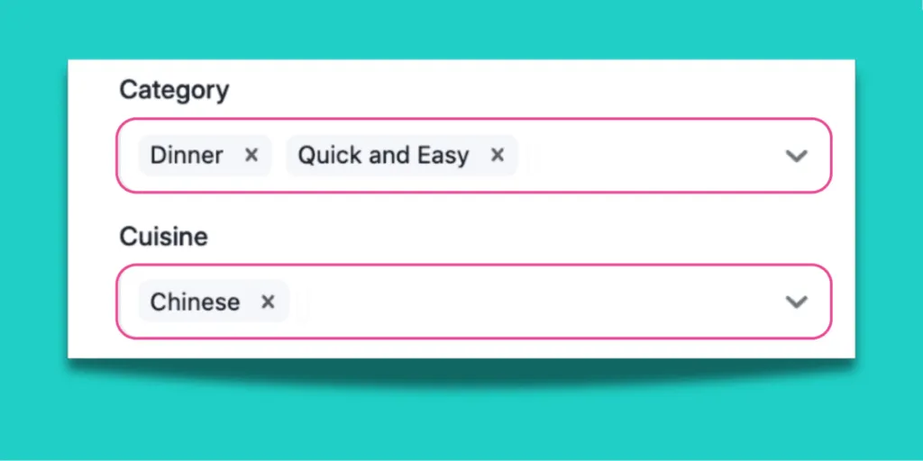 A screenshot of a Tasty Recipes recipe card input with 2 recipe keys for Category (Dinner, Quick and Easy), and one recipe key for Cuisine (Chinese).